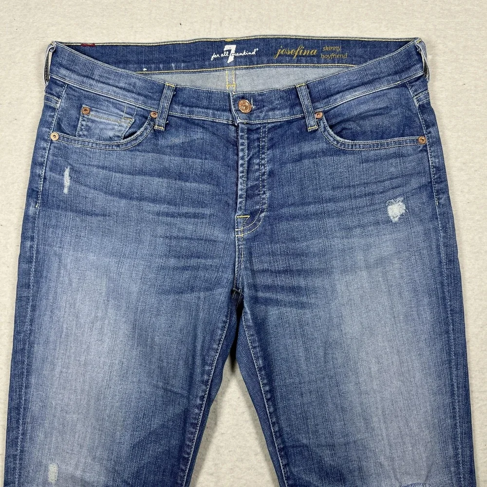 7 For All Mankind Josefina Skinny Boyfriend Jeans Womens 30 Blue Distressed USA - Picture 2 of 16